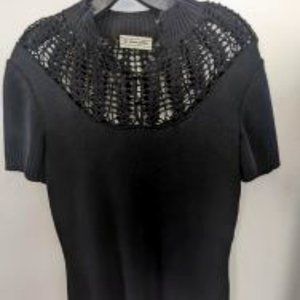ST JOHN BLACK SWEATER SHORT SLEEVE BUTTON UP CROCHET LATTICE TURTLE NECK